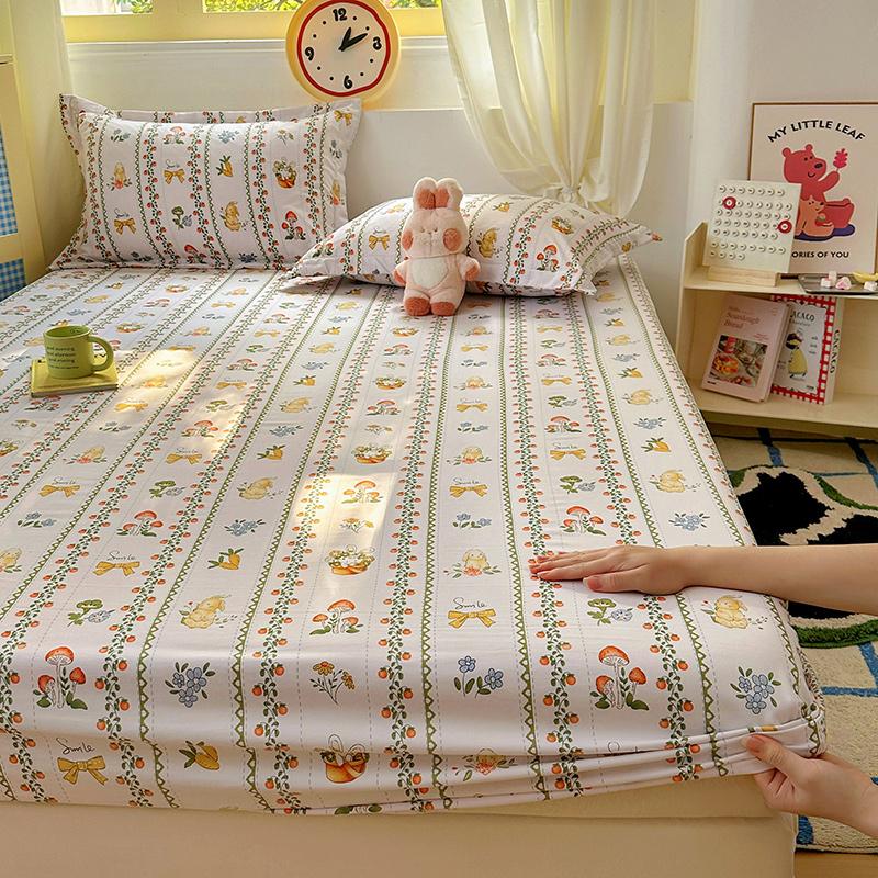 

1pc Flower Printed Fitted Bed Sheet Washed Cotton Cartoon Bedsheet with Elastic for Kids Single/Queen/King Mattress Protector Single90x200x25cm1pc