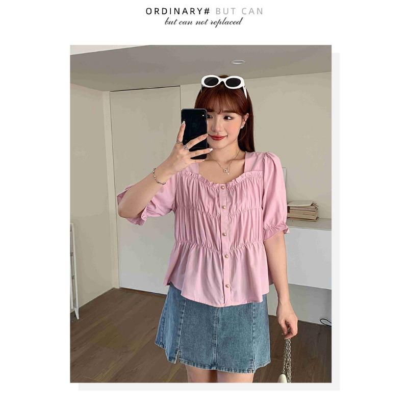 Plus Size Women Short Sleeve Square Neck Solid Color Shirt Summer Fashion Slim Fit Blouse