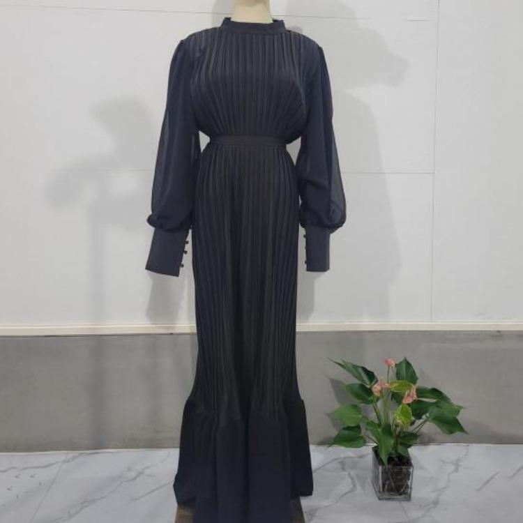 A-Line Evening Dress for Women with Pleated See-through Mesh Lantern Sleeves Stand Collar Tight Waist Ruffle Patchwork Long Maxi Dress