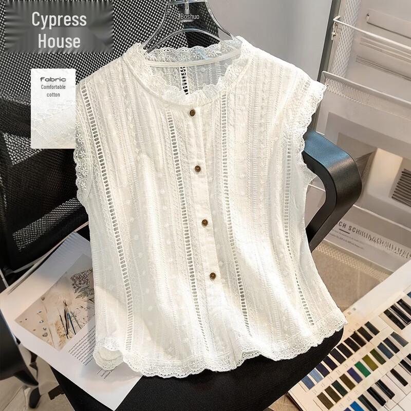 Sibo She Women s Sleeveless Pure Cotton Blouse with Ruffle Trim L