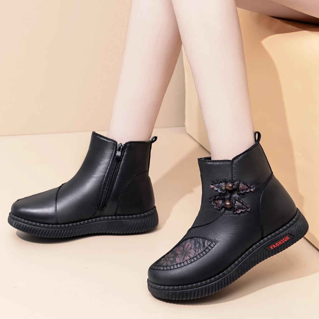Cotton Shoes Winter Women's Embroidery Women's Boots Cold-proof and Warm Leather Boots Thick-soled Comfortable Snow Boots Piled Thickened Cotton Boots