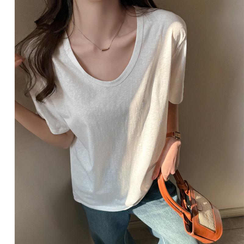 Snowflake Cotton Korean Version Women's Clothing V-neck Loose Front Shoulder Short-sleeved T-shirt Women's High-end Sense Lazy Wind Wear Solid Color C