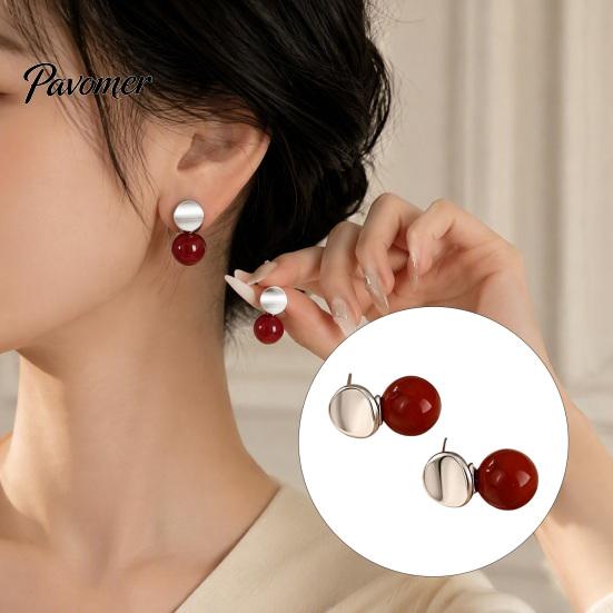 Elegant Jewelry for Women 1 Pair Red Bead Round Stud Earrings, Minimalist Light Luxury Birthday Gifts Her Earrings Women, Polished Silver Disc