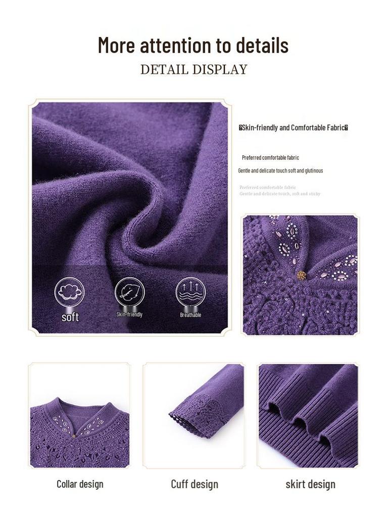 Stylish Embroidered Wool Cardigan Sweater for Middle-Aged Women - Plus Size, Solid Color, Autumn/Winter Top