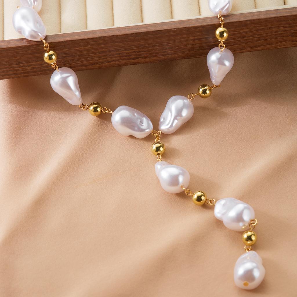 Baroque Irregular Imitation Pearl Y-shaped Necklace for Women Dainty Faux Pearl CCB Resin Bead Chain Necklace Party Jewelry Gift