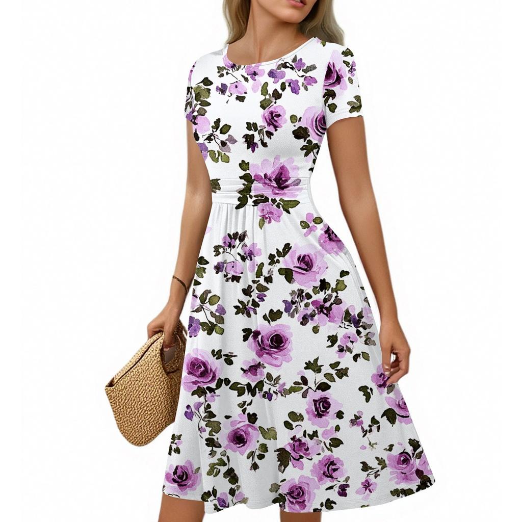 Women's Casual Fashion Round Neck Pleated Short Sleeve Retro Floral A-Line Midi Dress