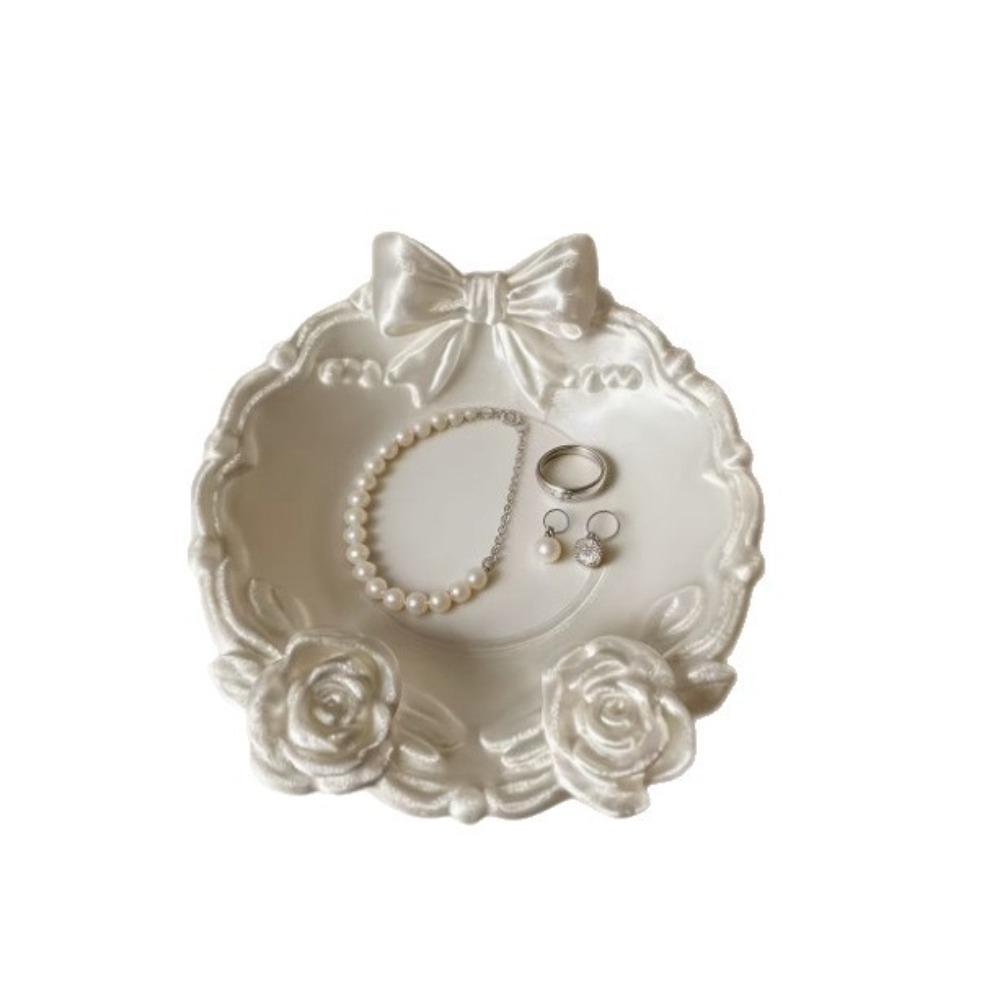 

1PC Pearl White Bow Rose Tray, Retro Relief French Light Luxury Jewelry Storage Tray белый