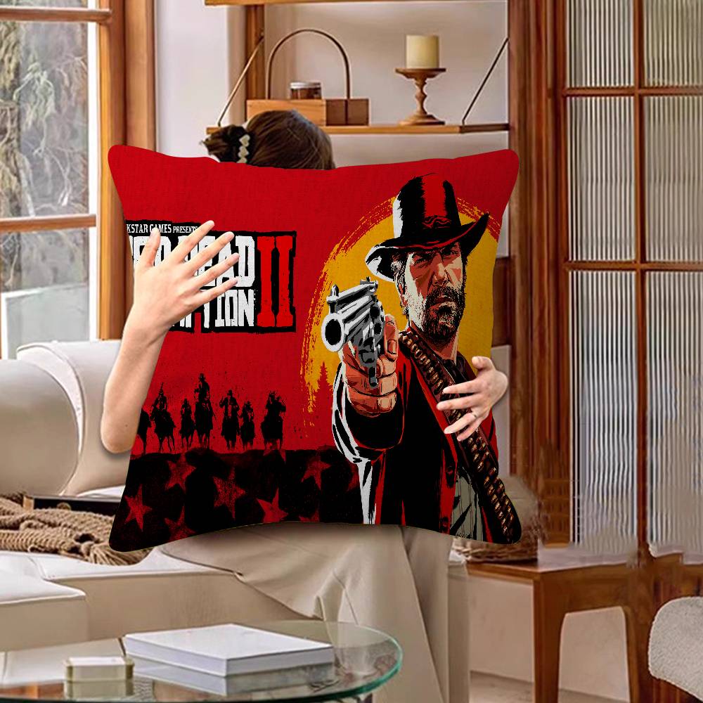 Funda de Almohada para TV de Juego Red-Dead-Redemption 2 Dibujos Animados Decorativa para Sofá del Hogar Impresión a Doble Cara Felpa Corta Funda de Cojín Linda