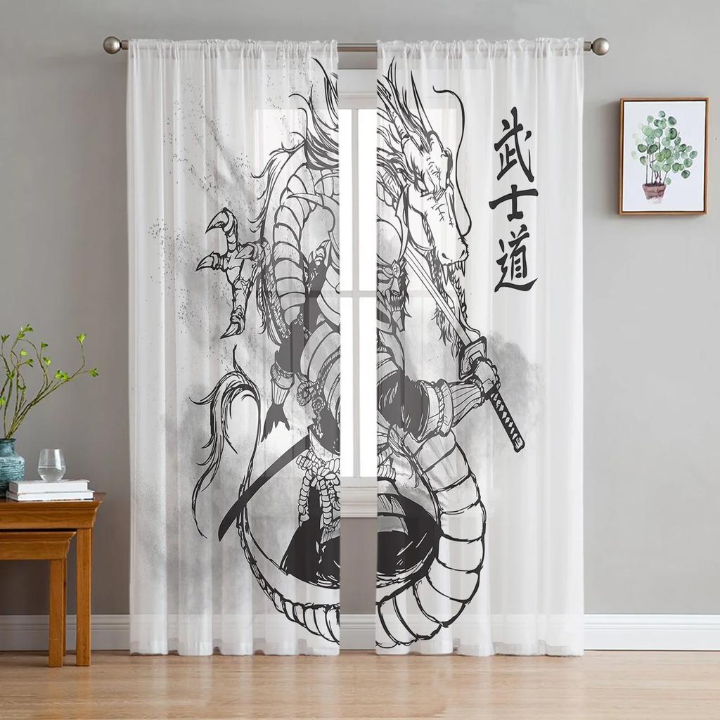 Chinese Style Black Dragon Blue Tulle Sheer Window Curtains for Living Room the Bedroom Modern Voile Organza Curtains Drapes