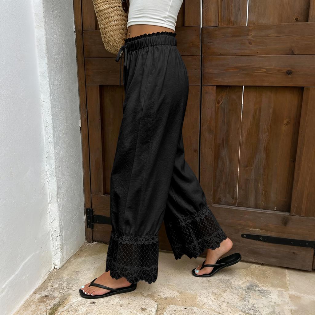 Damen Spitzenbesatz Rüschensaum Weites Bein Hoher Bund Lange Lockere Hose Vintage Stil Strand Reise Urlaubs Hose