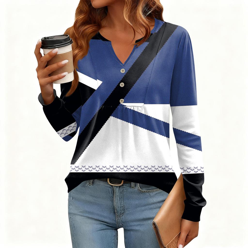 Women's Relaxed,Fit V,Neck Vintage Color,Blocked Floral Print Long,Sleeve Pullover Tee