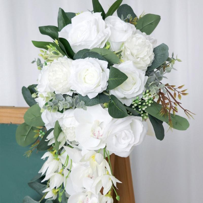 12“ Bouquet a Cascata Bouquet da Sposa per Sposa Rosa Bianca Orchidea Fiori Artificiali Bouquet da Sposa per Inverno Estate