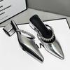 2025 summer wear thick high heels pointed temperament silver bag head half slippers new French high-end cool slippers women