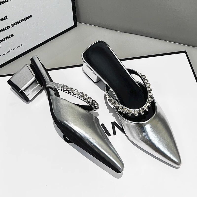 2025 summer wear thick high heels pointed temperament silver bag head half slippers new French high-end cool slippers women