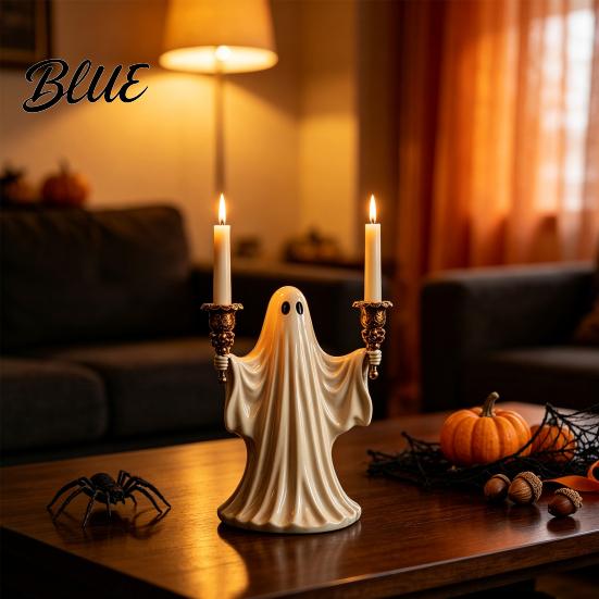 Artistic Ghost Sculpture Cute Candle Holder for Halloween Resin Tealight Candlestick Taper Figurine Home Table Decor & Spooky Atmosphere Accessory