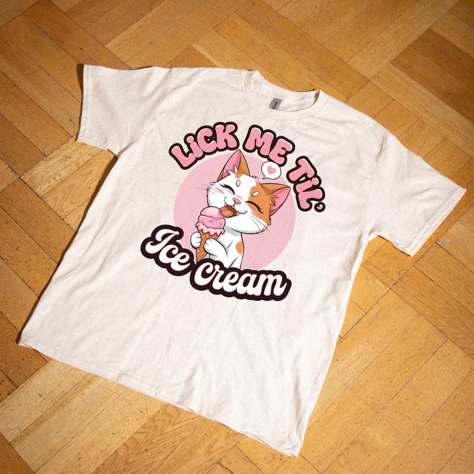 Lick Me Till Ice Cream T-Shirt, Funny Adult Humor Kitten Licking Cone Graphic Tee, Raunchy Ice Cream Lovers Top, Inappropriate Pun S