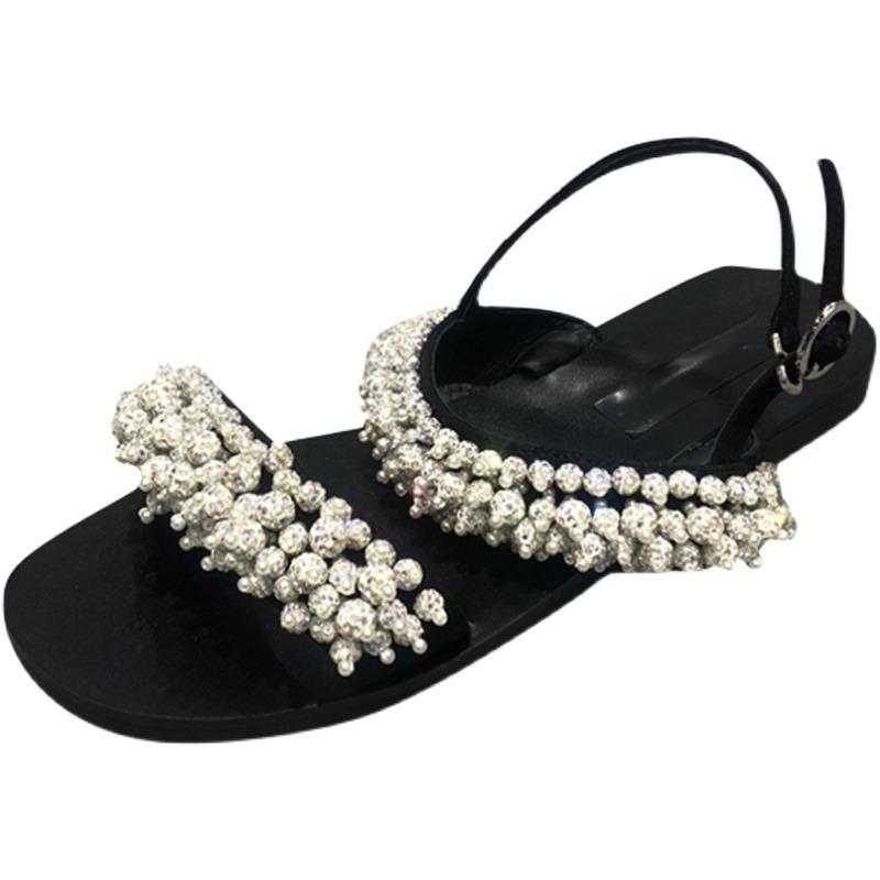 European Station 2025 Summer New European Women's Shoes Pearl Sandals One-word Buckle with Beaded Open-toed Flat Sandals Women