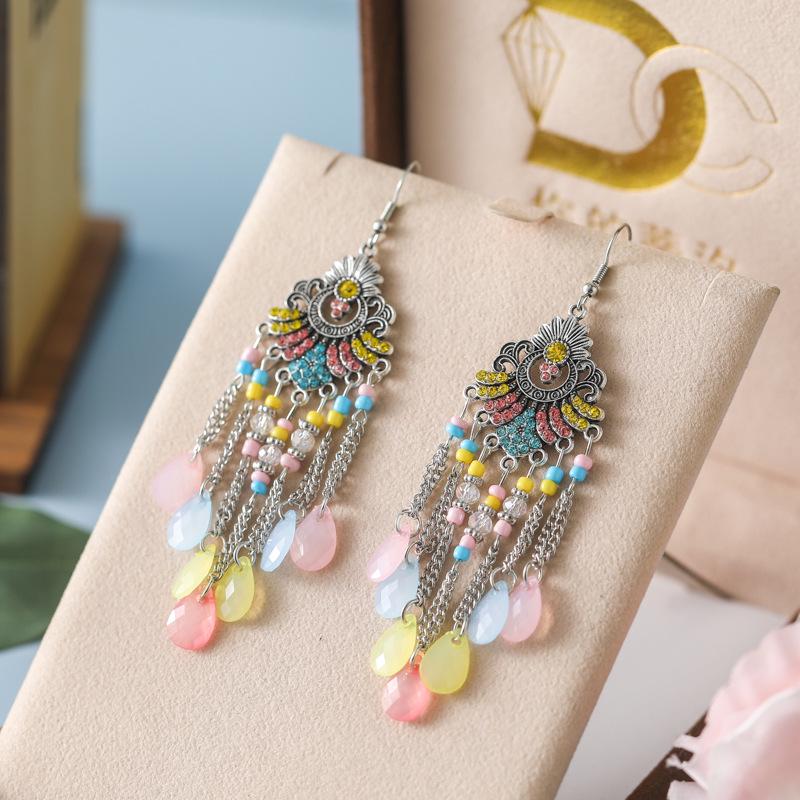 Bohemian Water Drop Rhinestone Earrings with Multi-Layer Beads - Retro Fan-Shaped Dangle Design
