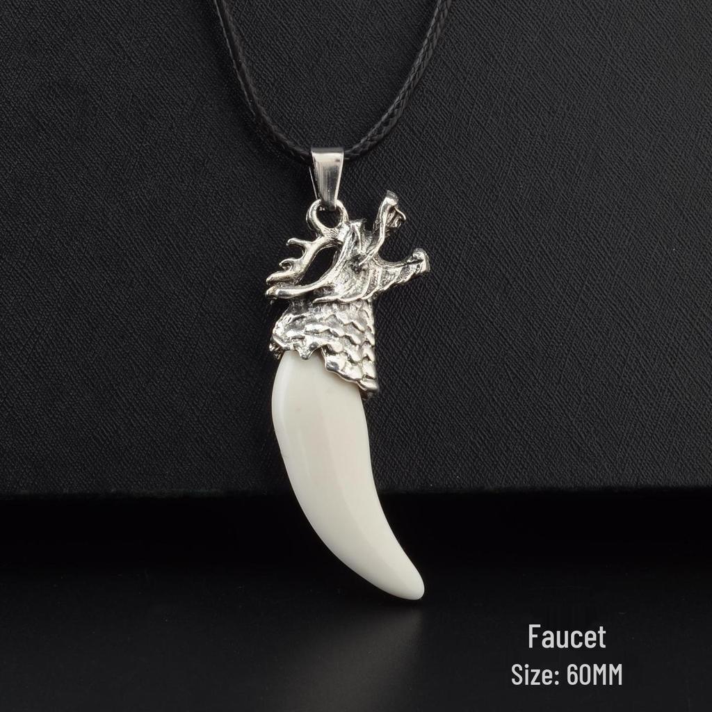 Men's Tibetan Faux Wolf Tooth Pendant Necklace, Titanium Steel Chain, Nepalese Style
