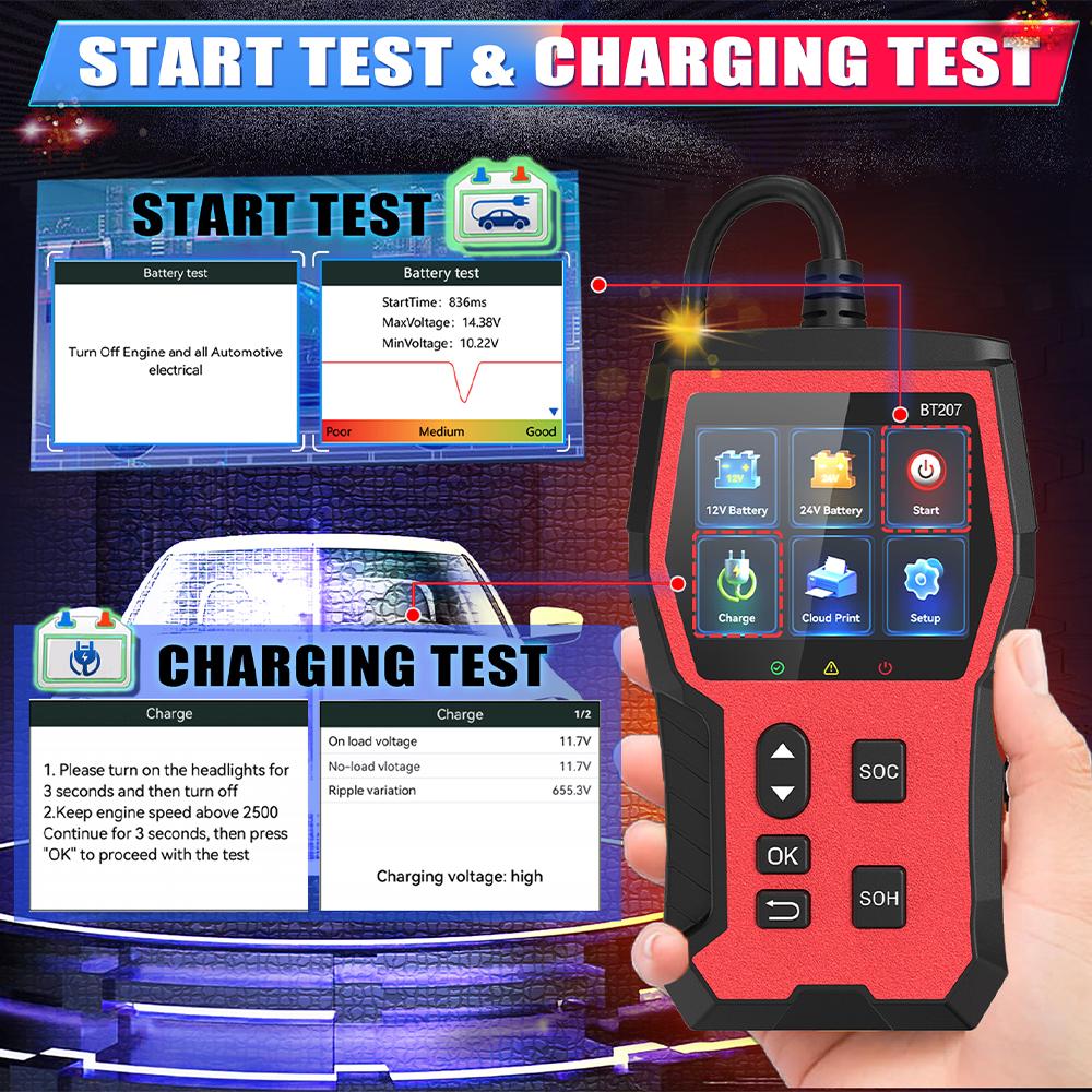 Auto Accessories 12V 24V LCD Digital Display Car Battery Tester Diagnostic Tool BT207 Cloud Print Intelligent Digital Automotive Battery Detector