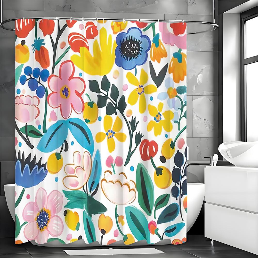 Colorful Flat Wind Floral Shower Curtain, Bathroom Decorative Shower Curtain, Waterproof Shower Curtain with Hooks