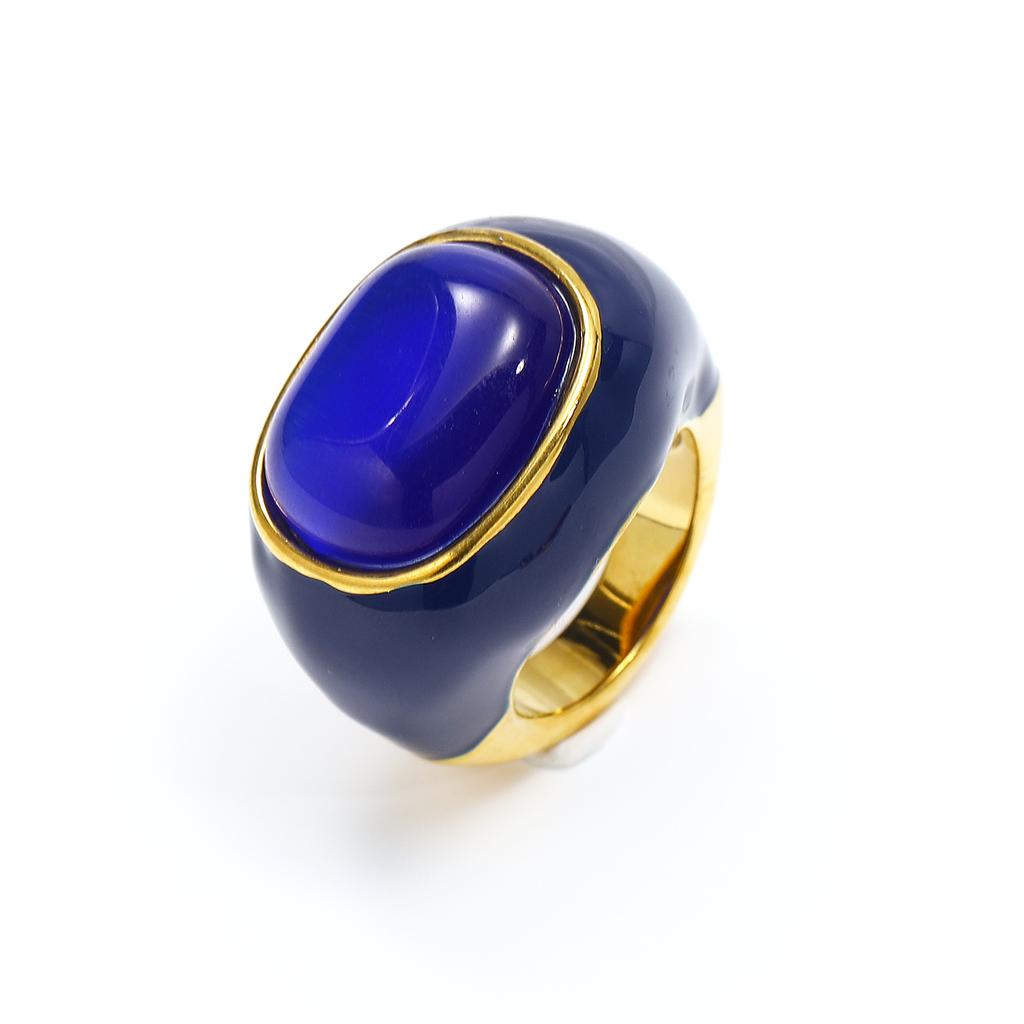 Stainless Steel Chic Hypoallergenic Gold Enamel Natural Stone Oval Ring Set Women Daily Fashion Jewelry