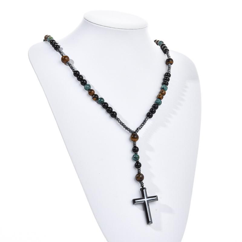 Geometric Black Obsidian Cross Necklace For Men And Women With Beaded Chain Fashion Accessory
