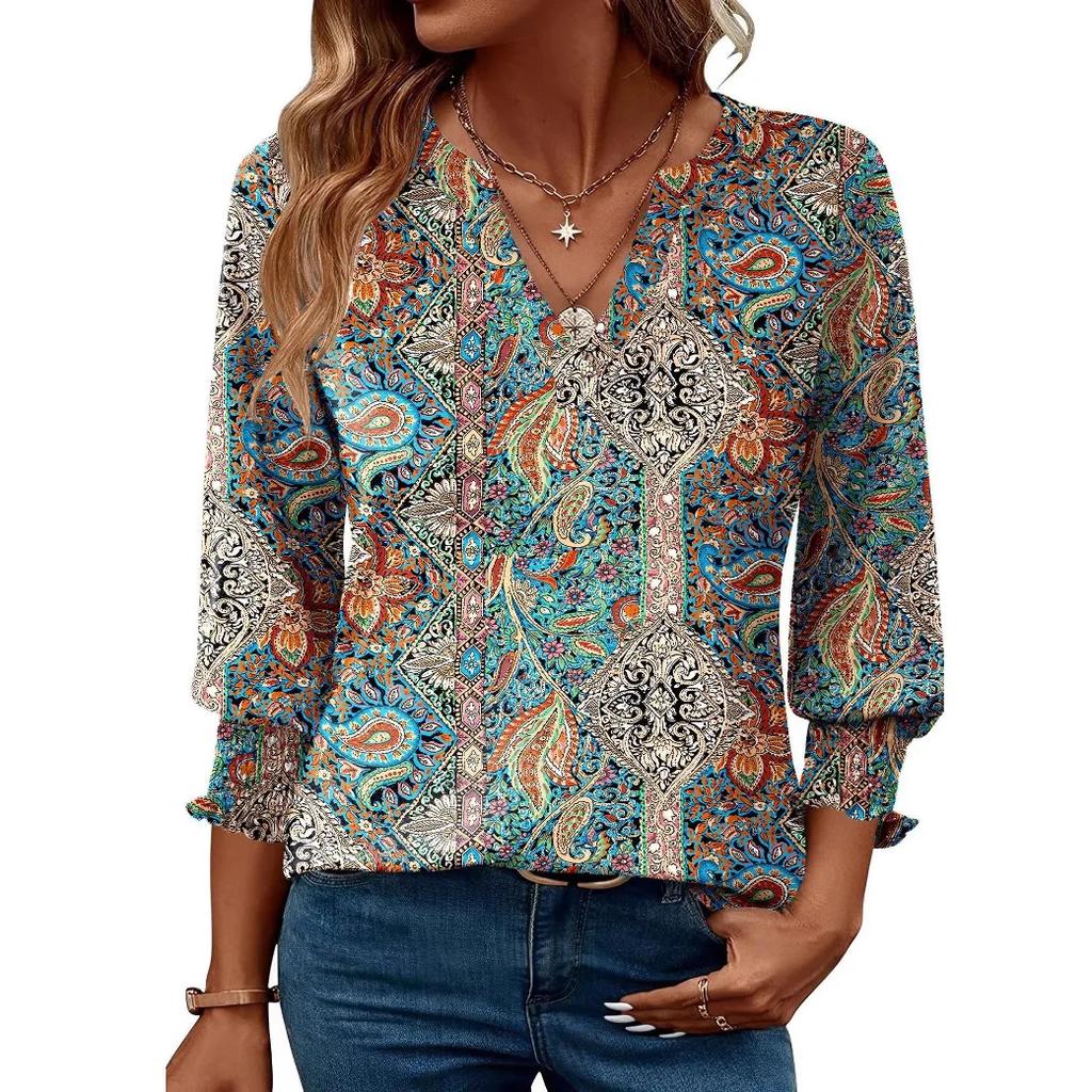 Women's Casual Floral Print Short Sleeve T-Shirt V-Neck Polyester Fiber Summer Fashion Top Seven-Eighth Length Shirt