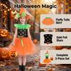 Girls Halloween Witch Costume Dress Set with Tulle Skirt Pumpkin Waist Decoration and Matching Witch Hat and Pumpkin Basket for Party and Performance