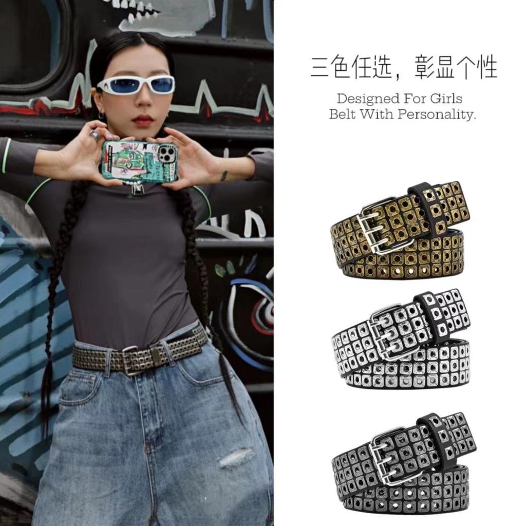 Women Belt  Fashion Square Beads, Willow Nails, Three Exhaust Eyes, Punk Street Cool, Personalized Men's and Women's Belts