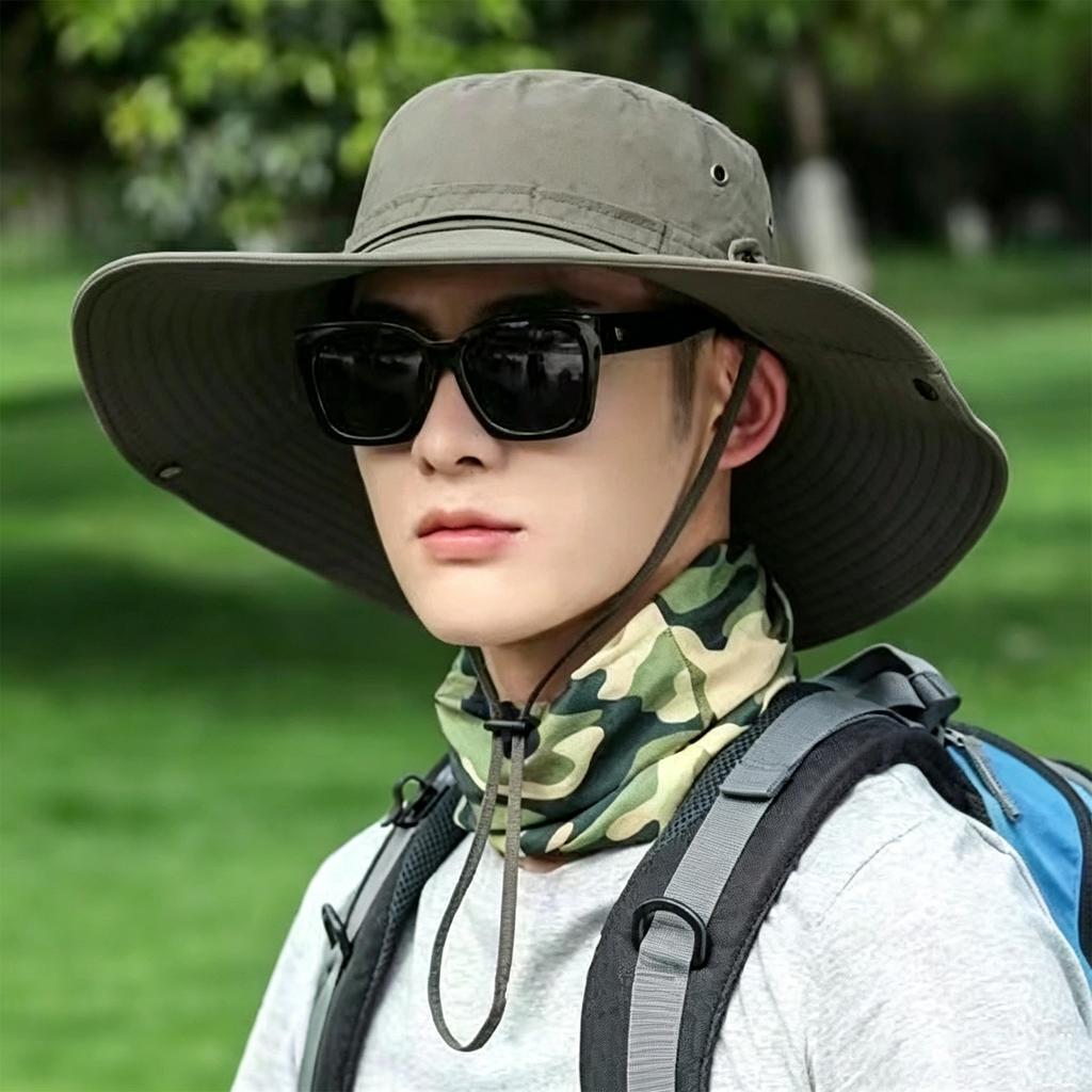 Men Outdoor Sun Protection Hat Wide Brim Fishing Hat Adjustable Chin Strap Breathable Lightweight Bucket Hat for Hiking Camping Travel