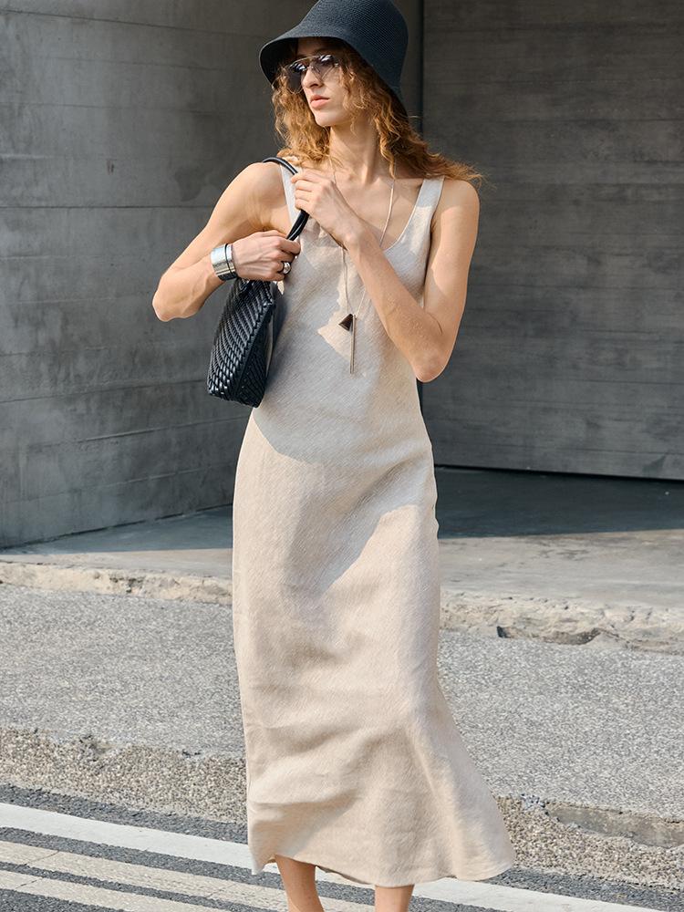 Old money wind pure linen U-neck diagonal cut vest skirt summer women s sleeveless dress sexy French fishtail dress S