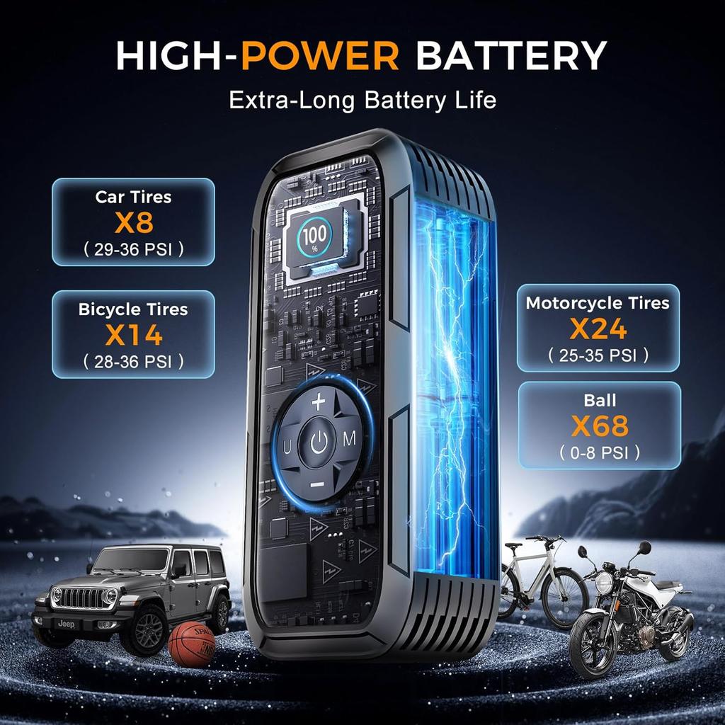 Portable Tire Inflator 150PSI 12V DC Air Pump with Digital Gauge & LED Light for Car, Bike, Ball