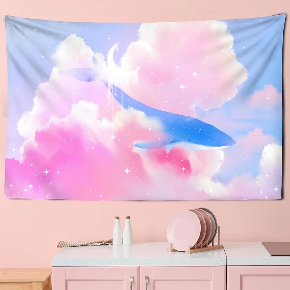 Whale Pattern Hanging Cloth Cartoon Pink Purple Cloud Room Tapestry Home Decoration Bedroom Wall Background Cloth