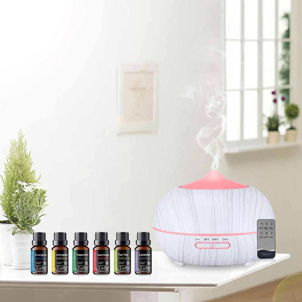 

Диффузор для дома 550 мл Диффузор эфирных масел с текстурой дерева с пультом дистанционного управления 7 цветов Ультразвуковой туман Включает 6 масел для ароматерапии белый