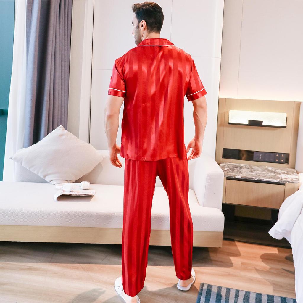 Conjunto de Pijama de Seda de Manga Corta para Hombre en Rojo