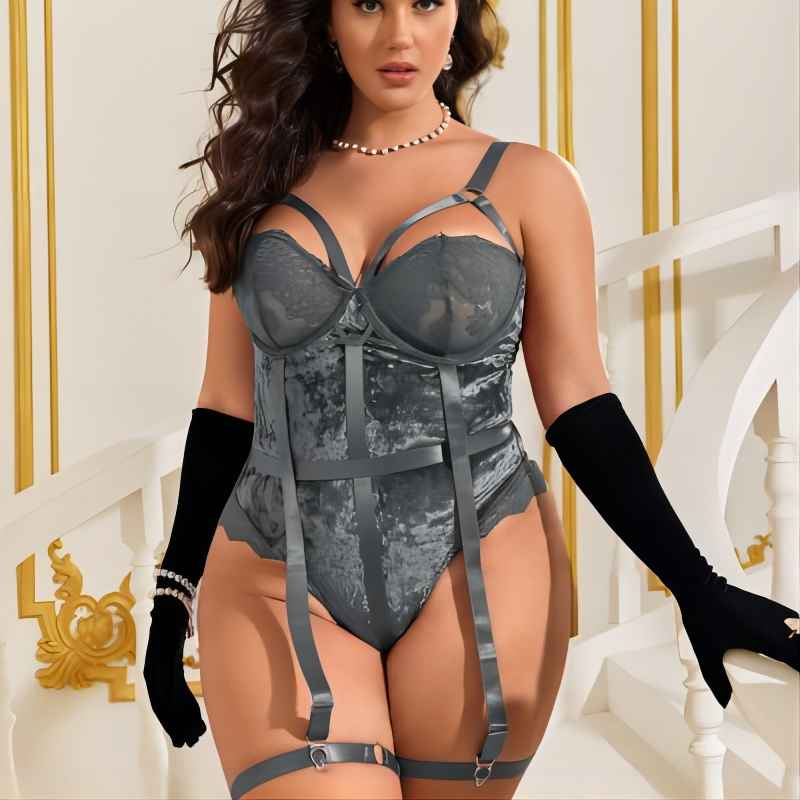 Plus Size Women Fashion One Pieces Underwear Lace Hollow Bodysuit Erotic Pajamas Dress Deep V Open Bra Underwear Set
