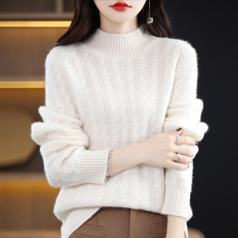 Semi-high-neck Knitted Sweater for Women Solid Color Loose Autumn and Winter Pullover Warm Sweater for Women
