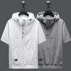 Men Summer Tops Hooded Adjustable Drawstring Zipper Half Placket Short Sleeve T-shirt Letter Print Quick Drying Ice Silk Fabric