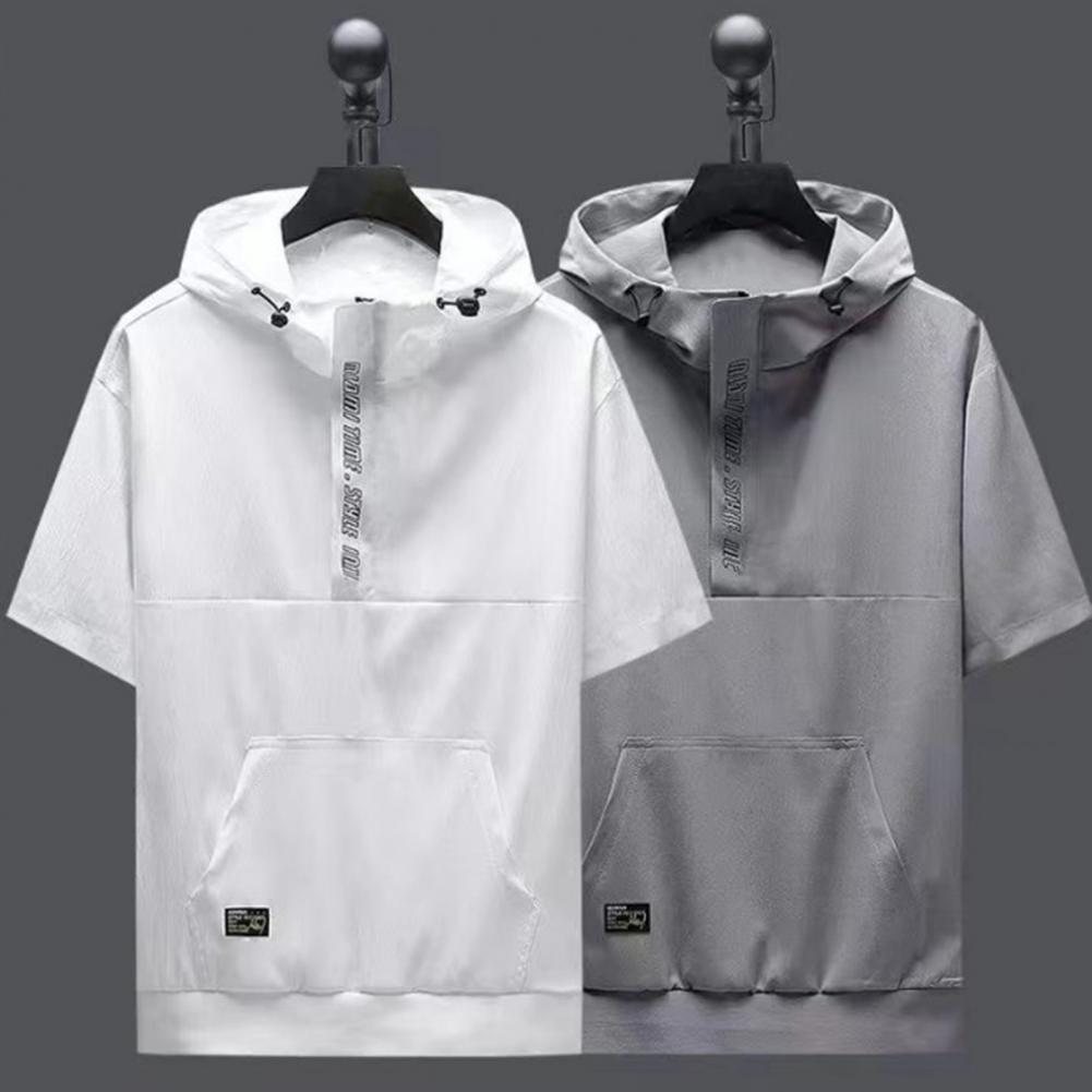 Men Summer Tops Hooded Adjustable Drawstring Zipper Half Placket Short Sleeve T-shirt Letter Print Quick Drying Ice Silk Fabric