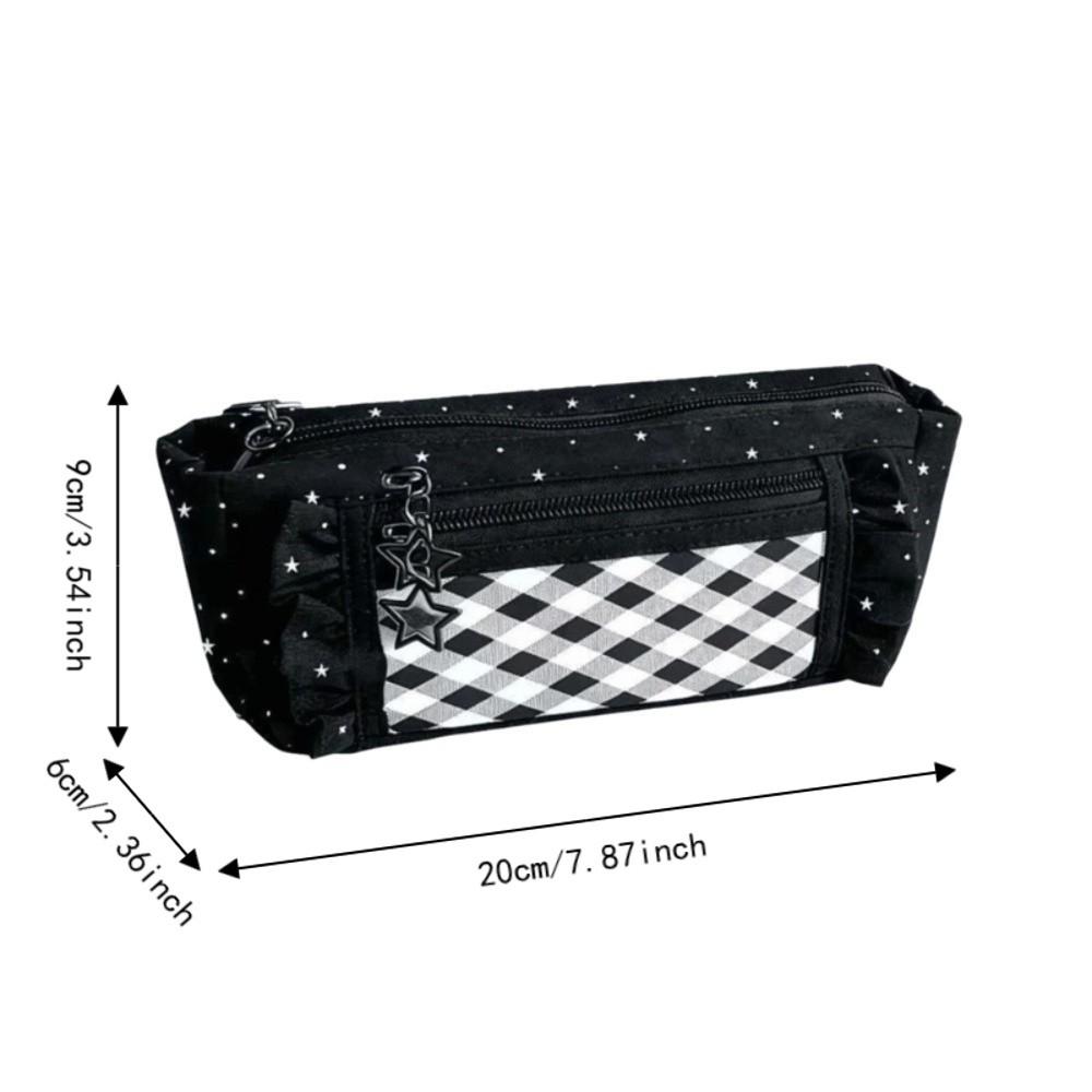 Large Capacity Star Checkered Pattern Pen Bag Lace Trim Stationery Organizer Pencil Pouch Students