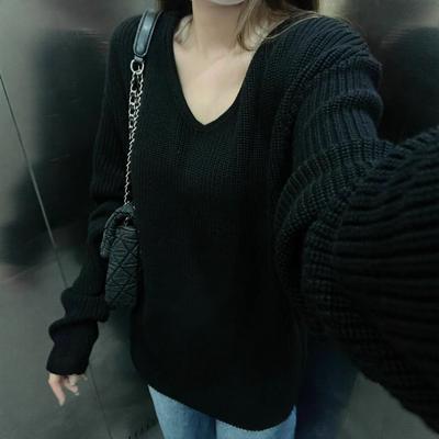 Loose V-neck Black Sweater Women's Lazy Style Autumn New High-end Long-sleeved Jumper Knitted Sweater