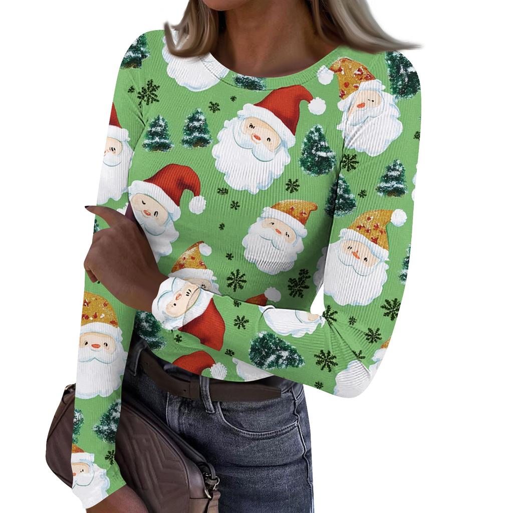 Women's Fashion Slim-Fit Round Neck Base Layer T-Shirt Christmas Print Long-Sleeved Top