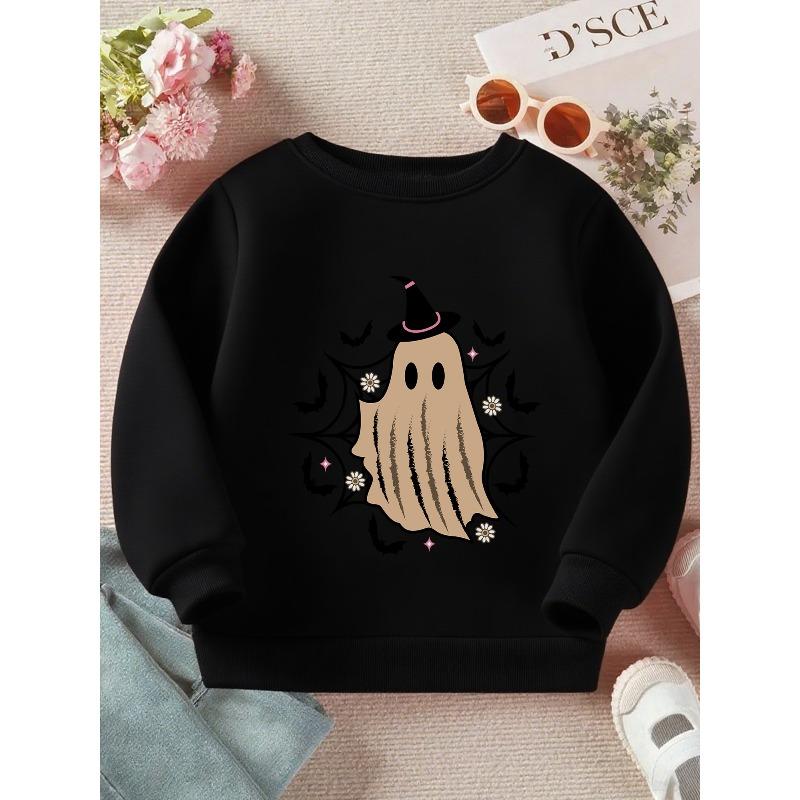 Kids Crewneck Sweatshirt, Cute Witch Hat Spooky Graphic Print, Soft Loose Fit Long Sleeve Pullover