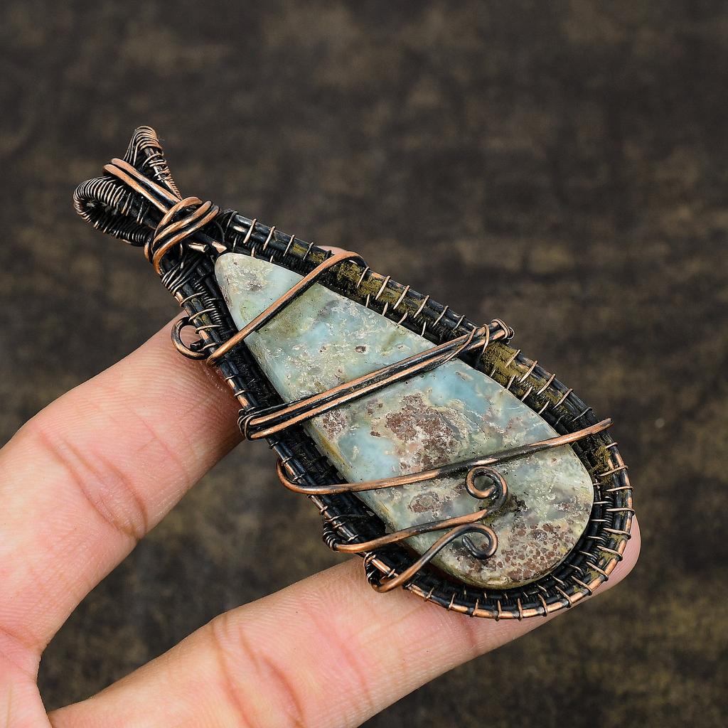 Natural Caribbean Larimar Gemstone Copper Wire Wrap Gift Pendant 3.54" P7s97