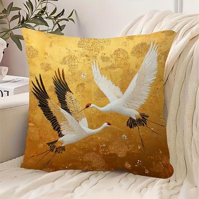 2D Flat- Vintage Gold Tone Red Crowned Crane Linen Throw Pillow Cover Decorative Square Cushion Case for Home Sofa Bedroom