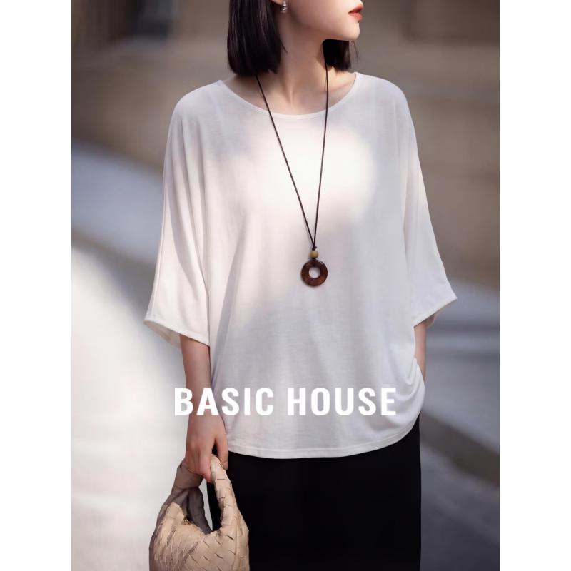 Basic House Women s Loose Fit Round Neck Seven-Quarter Sleeve T-Shirt One Size