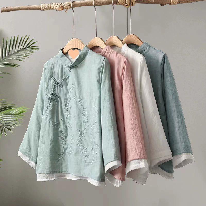 Retro Embroidered Disc Buckle Linen Cotton Blouse, Chinese Style Zen Tea Dress, Loose Stitching Round Neck Shirt, Women