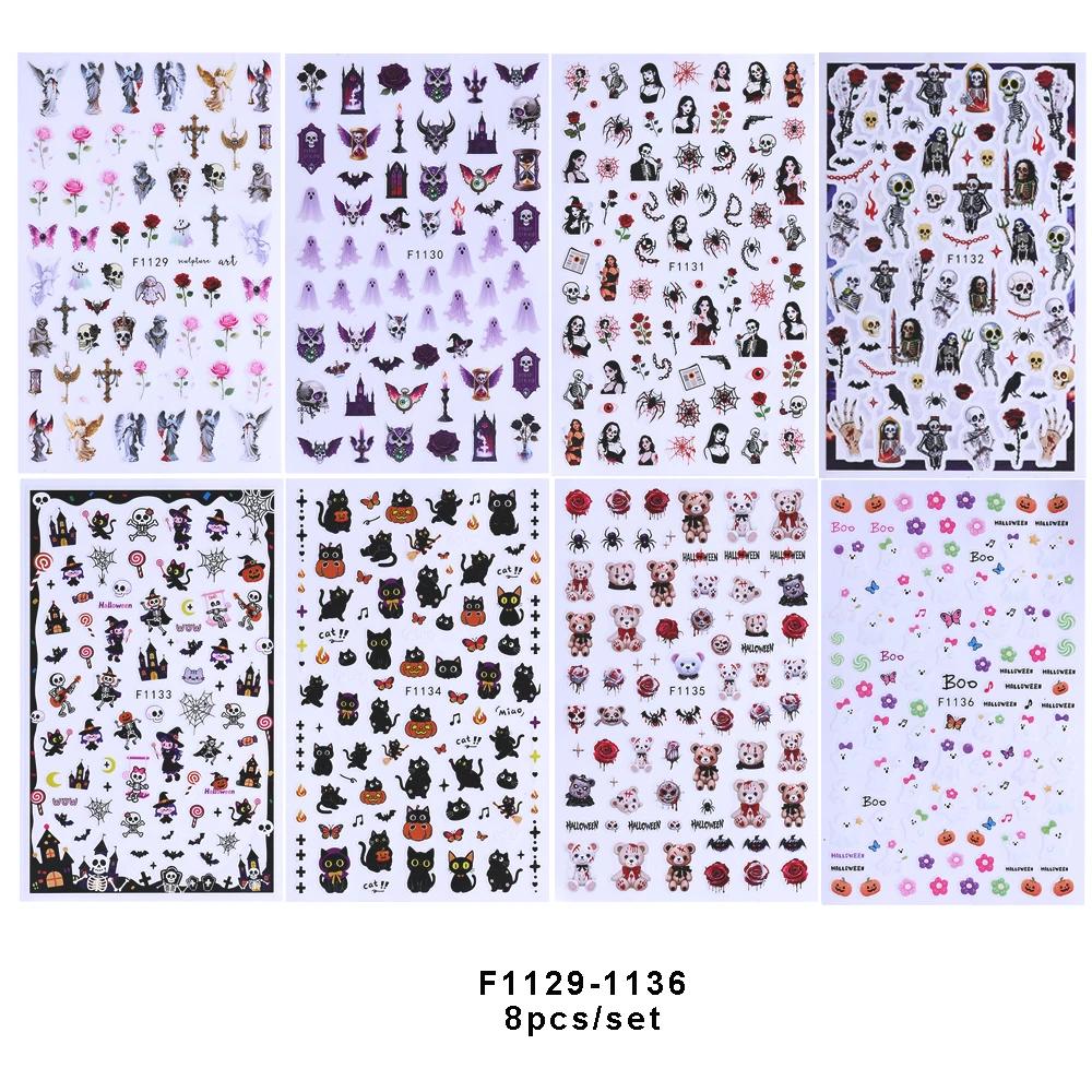 

7/8 шт. 3D Готические Черные Хэллоуин Наклейки для Ногтей Крутой Дизайн Буква Алфавита Кружево Замок Череп Y2K Маникюр Украшения Аксессуары
