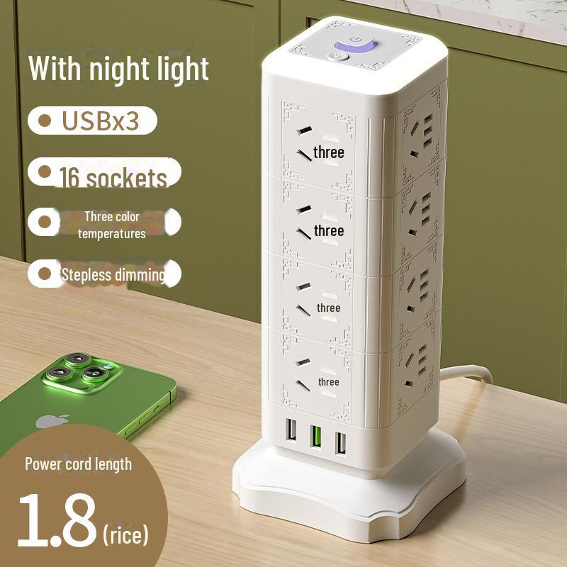 Multi-function Tower Power Strip with USB, Overload Protection, and Night Light